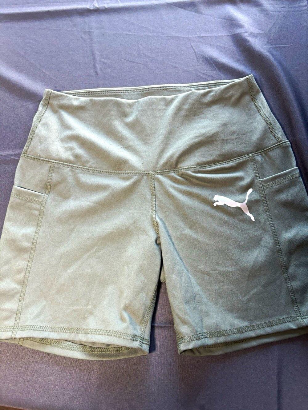 Puma Women's High Waisted Biker Shorts Size XL Sage Green Active Yoga Gym Pocket